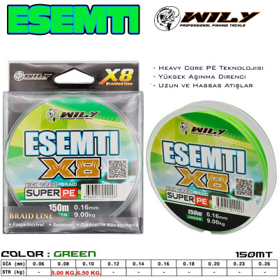 Wily Esemti 8X Yeşil Renk 150 mt. İp Misina